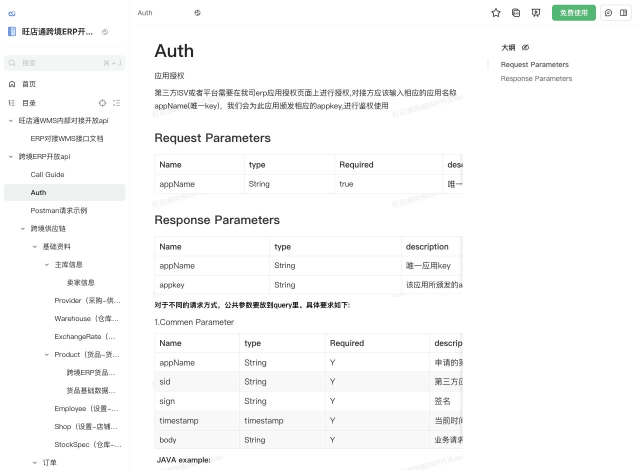 旺店通跨境 Auth 字段说明