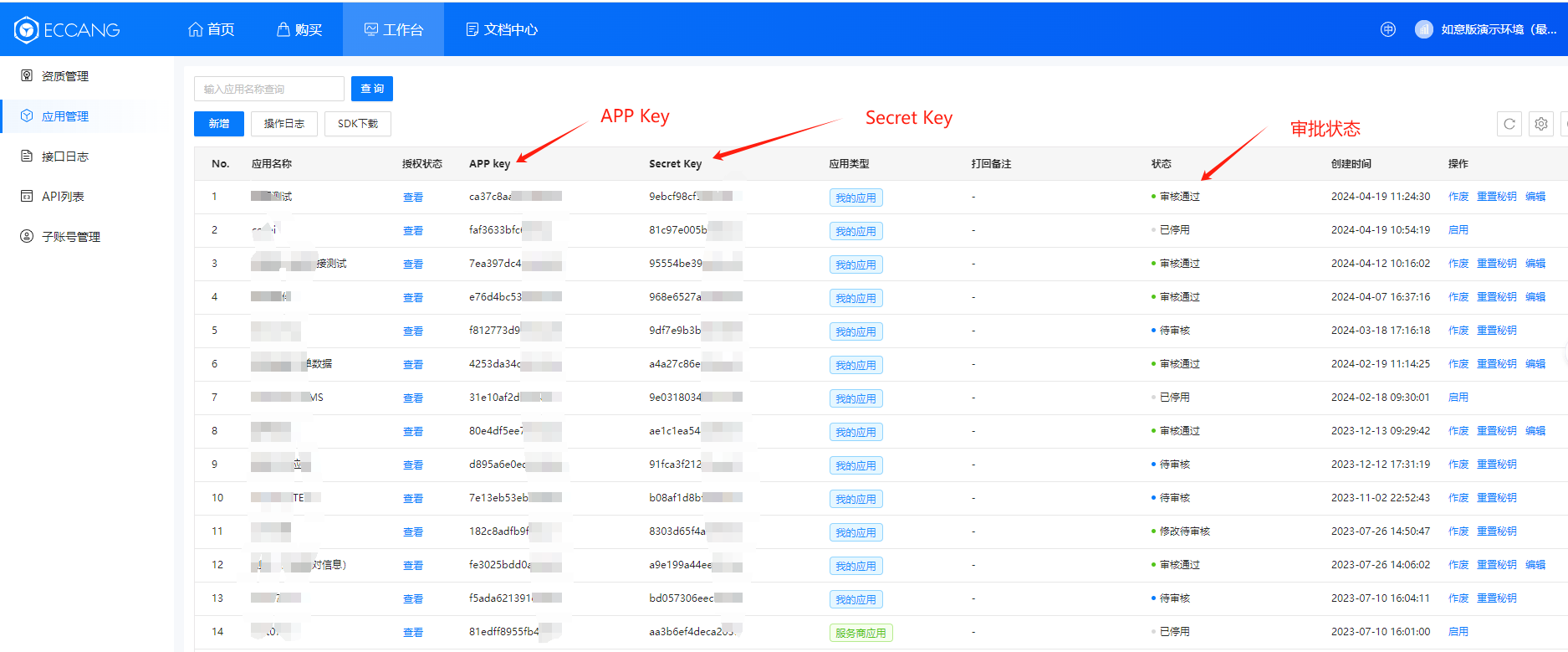 易仓开放平台 APP Key 与 Secret Key 位置