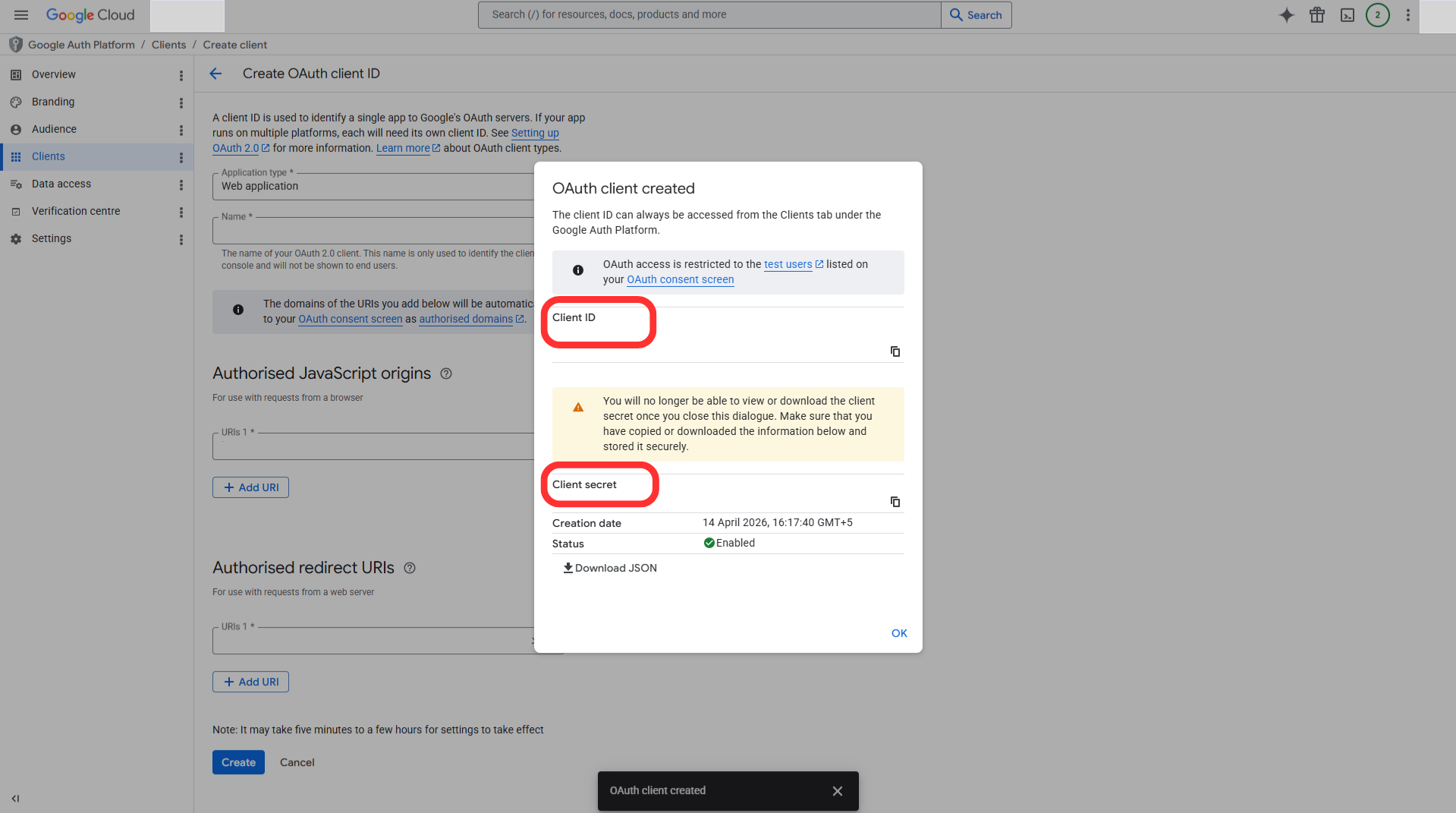 Google Cloud 控制台创建 Web application OAuth 客户端后显示 Client ID 和 Client secret 的页面