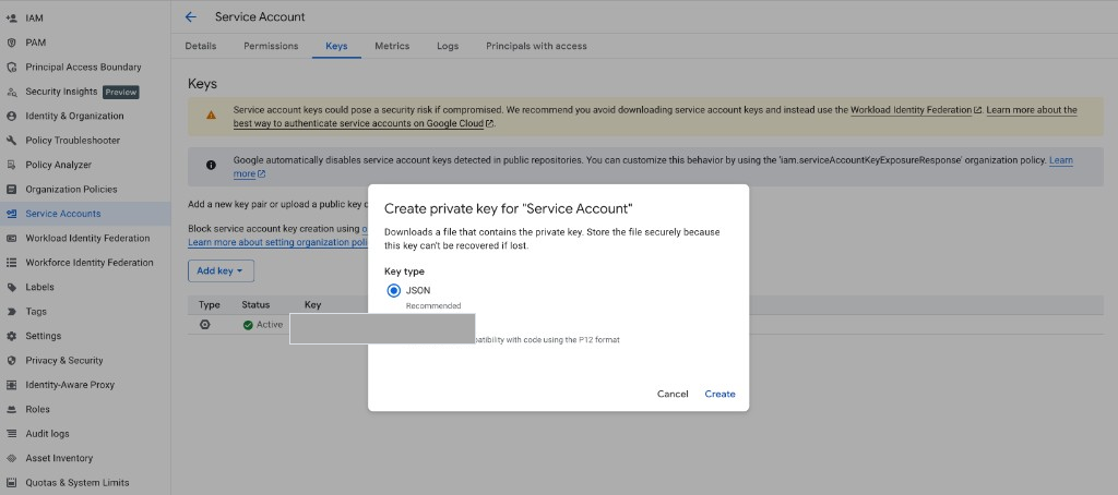 Google Cloud 服务账号 Keys 页面上的 Create private key 弹窗,JSON 类型已选中