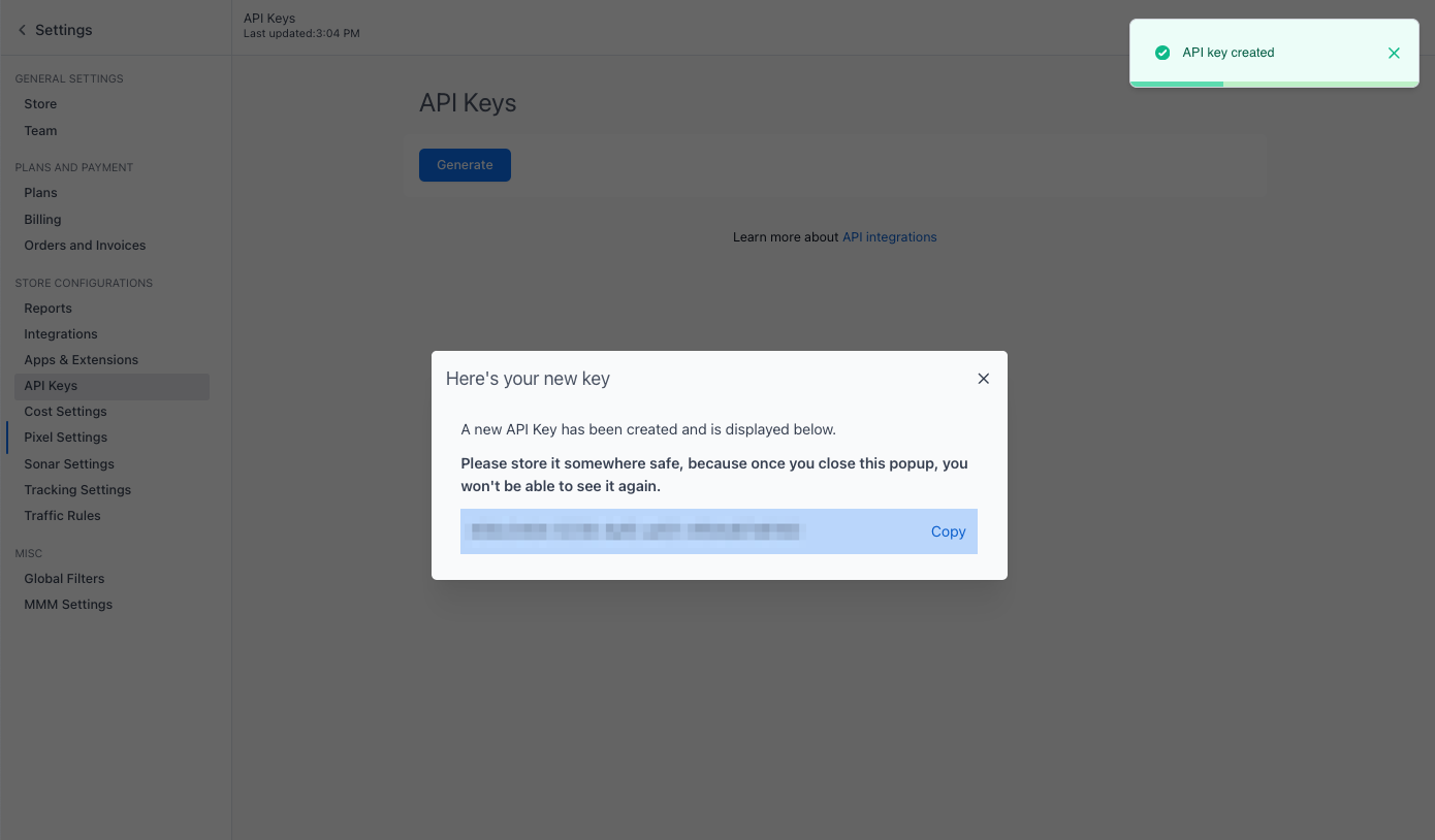 Triple Whale 官方示例中的 API Key 生成结果弹窗，密钥已遮挡