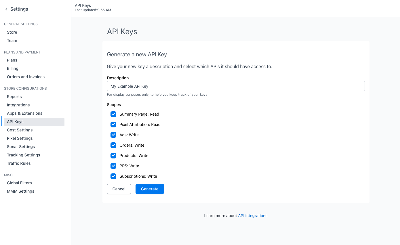Triple Whale 官方示例中的 API Key 创建页及权限选项
