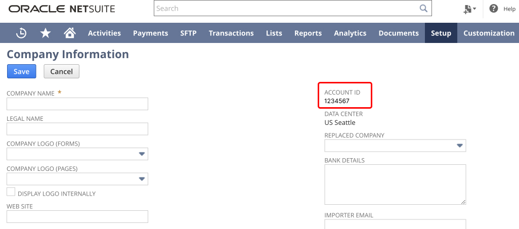 NetSuite Company Information 页面右侧的 Account ID 字段