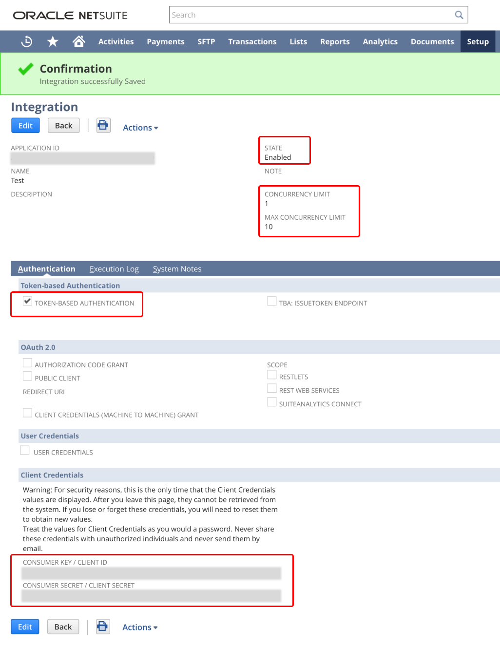 NetSuite 集成记录确认页，Authentication 页签下方显示 Consumer Key 和 Consumer Secret
