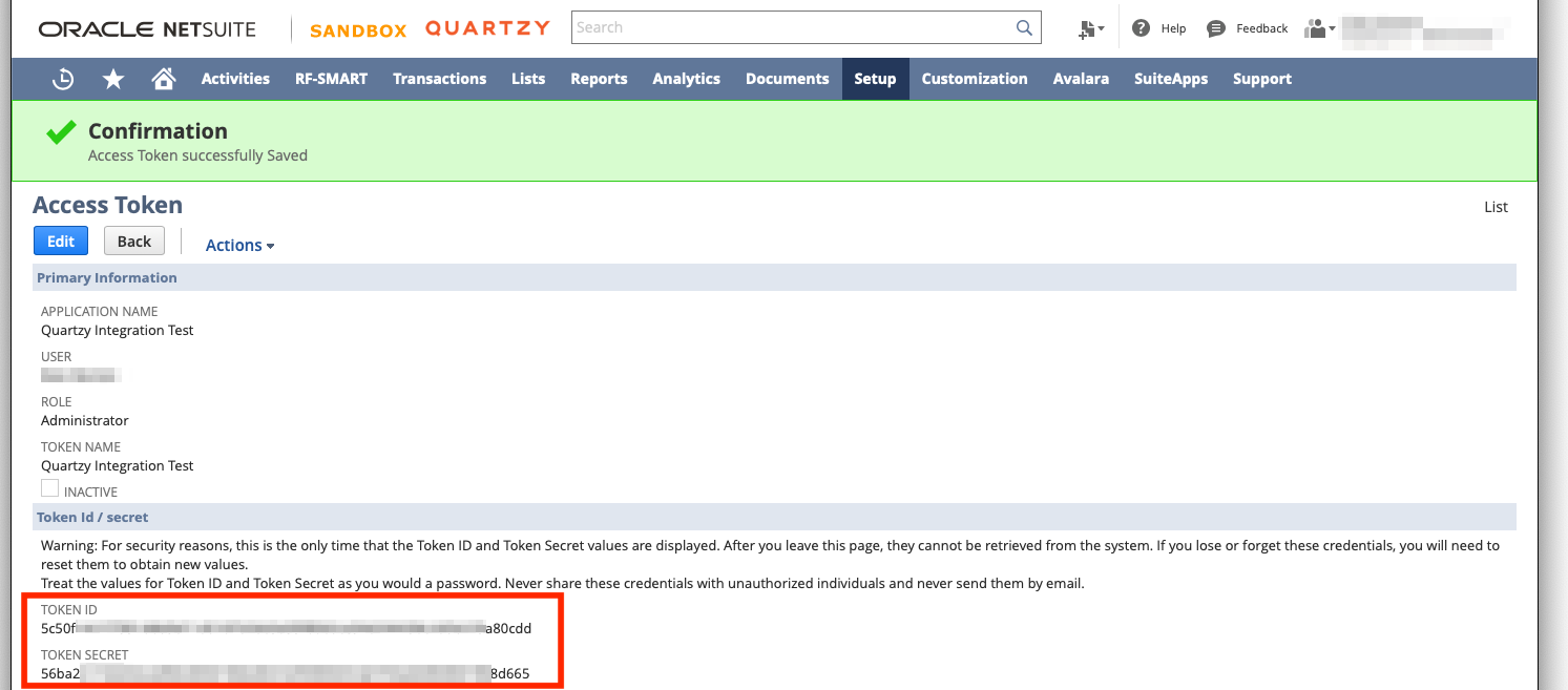 NetSuite Access Token 确认页，Token ID 与 Token Secret 位于页面下方