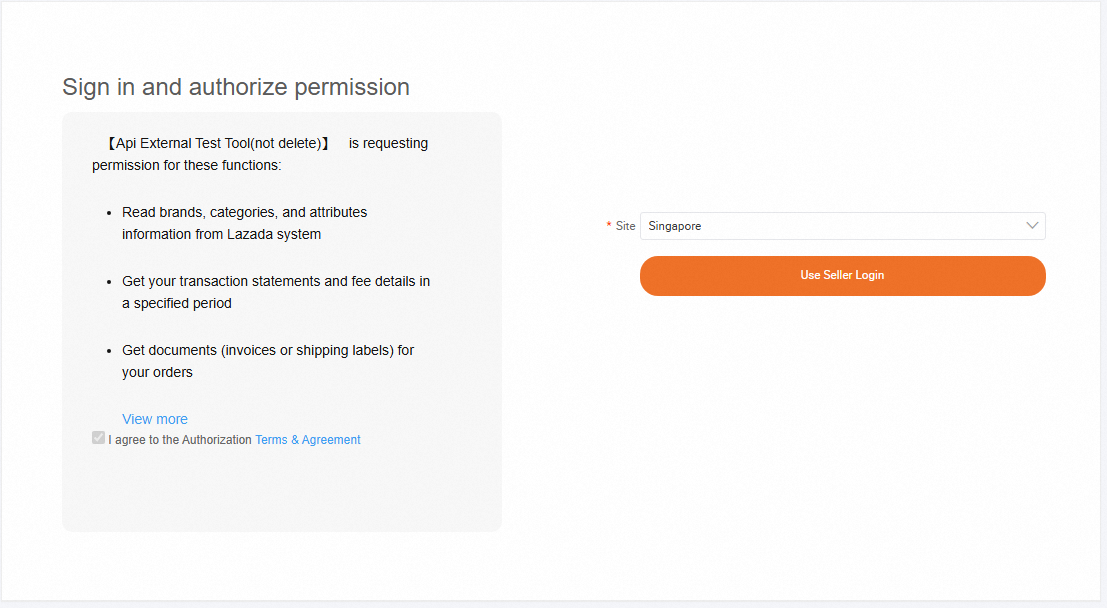 Lazada 官方授权页面示例，Site 选择框位于 Use Seller Login 按钮上方