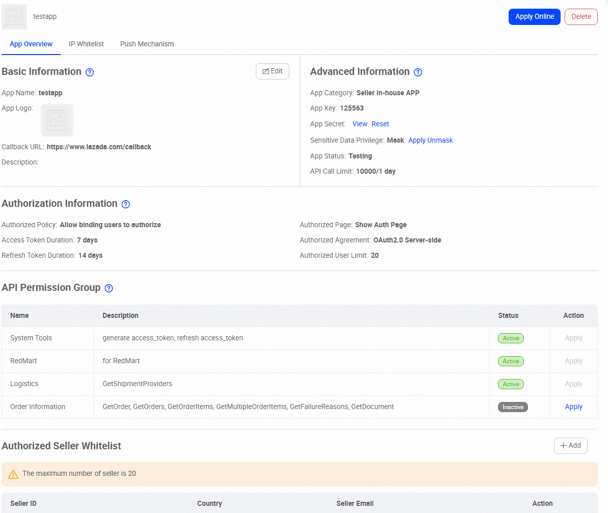 Lazada 官方应用详情示例，右侧 Advanced Information 区域显示 App Key 和 App Secret 的位置